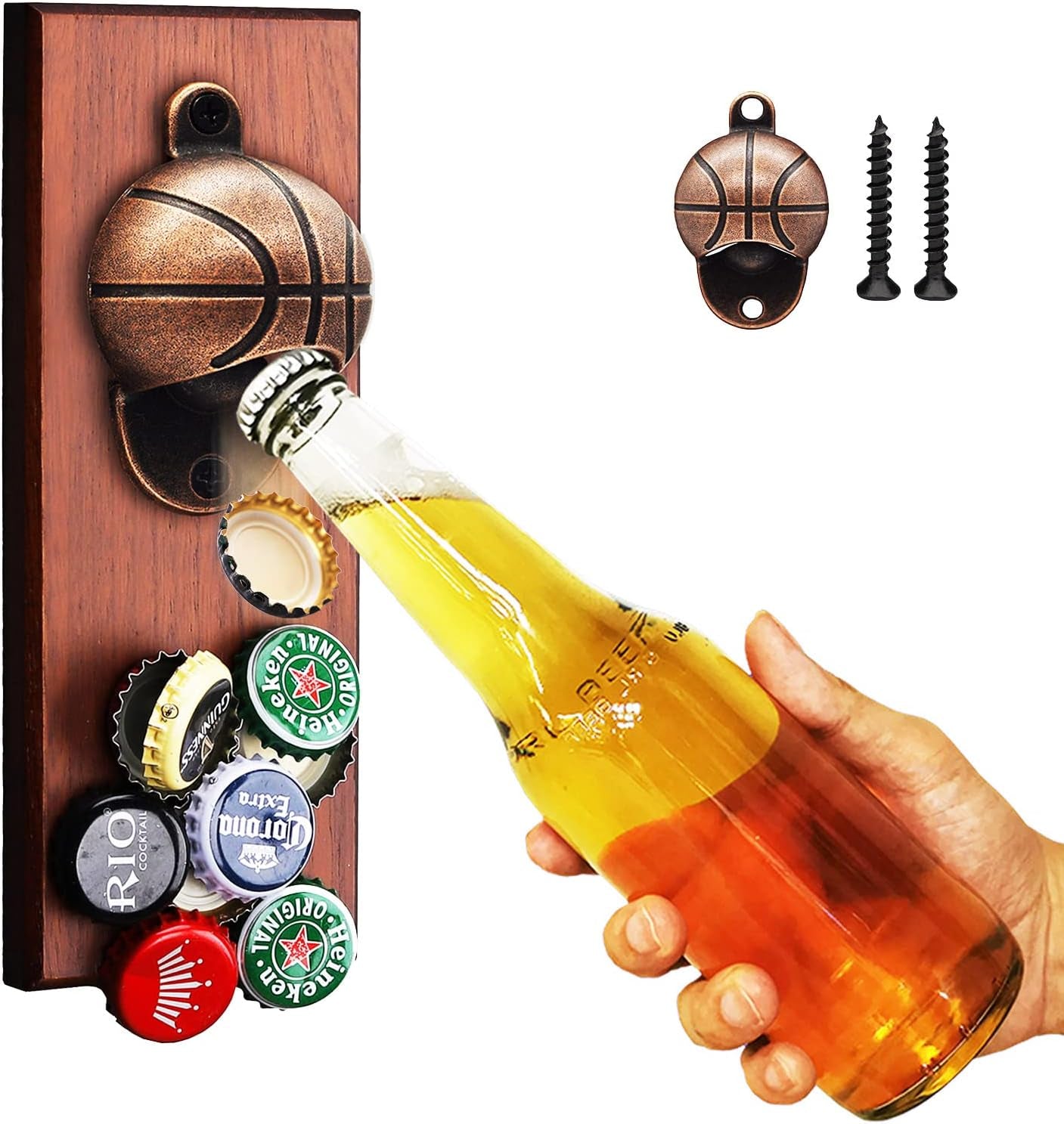 Magnetic Bottle Opener with Auto Catch: Basketball Wall Mounted Wooden Bottle Opener, Unique Beer Gift for Fathers Day Men Dad for Him Boyfriend Husband Grandpa Uncle Birthday Housewarming Presents