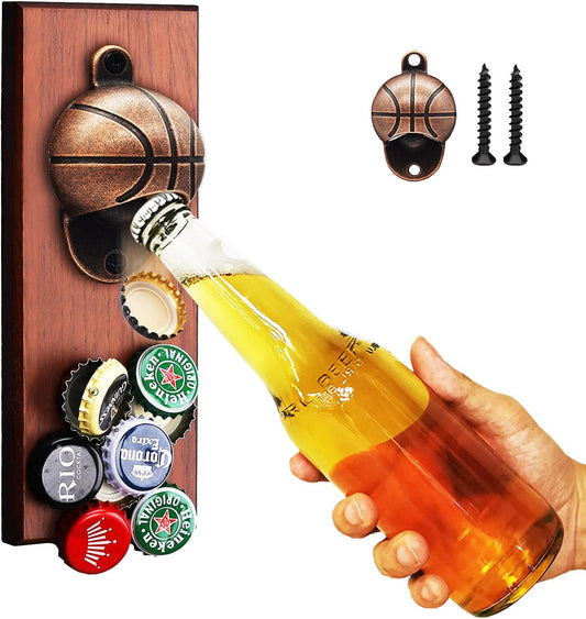 Magnetic Bottle Opener with Auto Catch: Basketball Wall Mounted Wooden Bottle Opener, Unique Beer Gift for Fathers Day Men Dad for Him Boyfriend Husband Grandpa Uncle Birthday Housewarming Presents