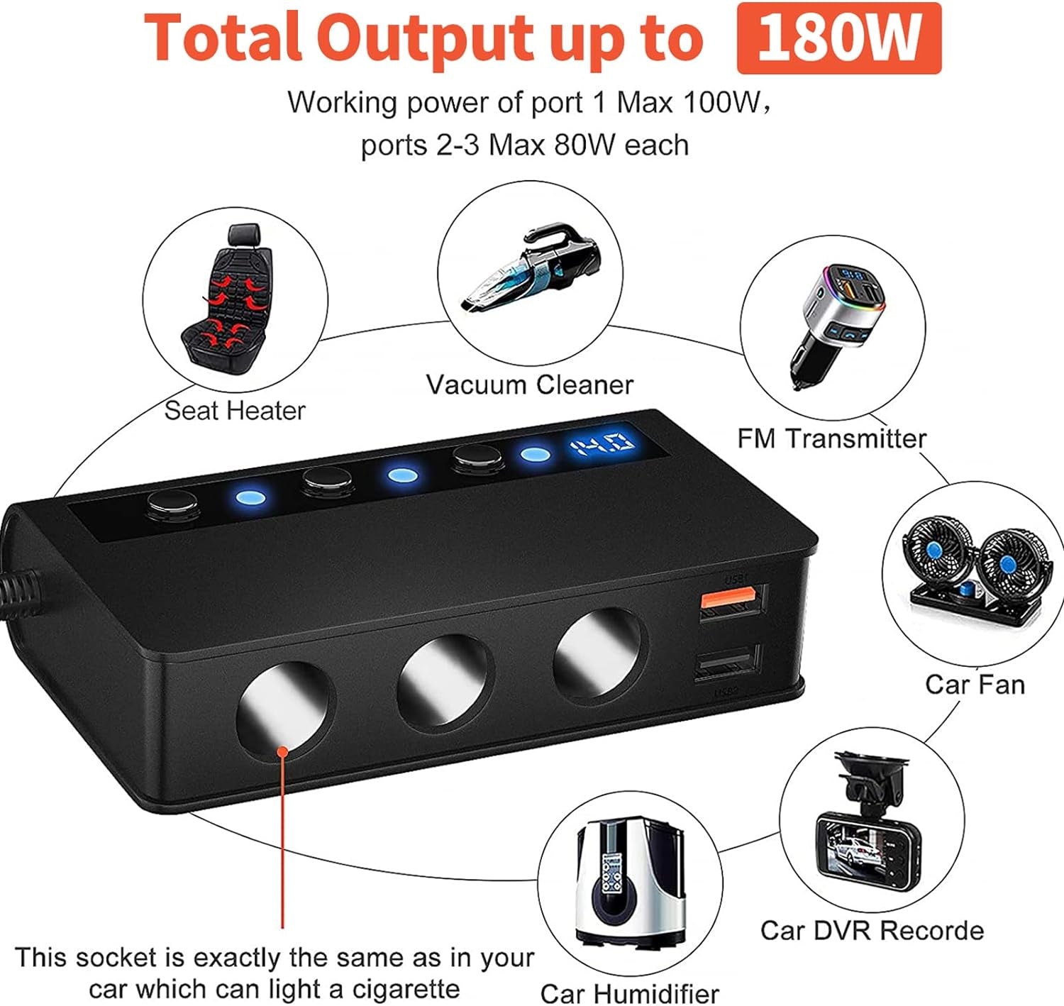 Cigarette Lighter Splitter,  180W QC 3.0 Cigarette Lighter USB Charger Adapter with 3 Sockets 12V/24V Max 6.6A 4-Port Quick Charge USB Outlet, Independent On/Off Switches and Voltage Display