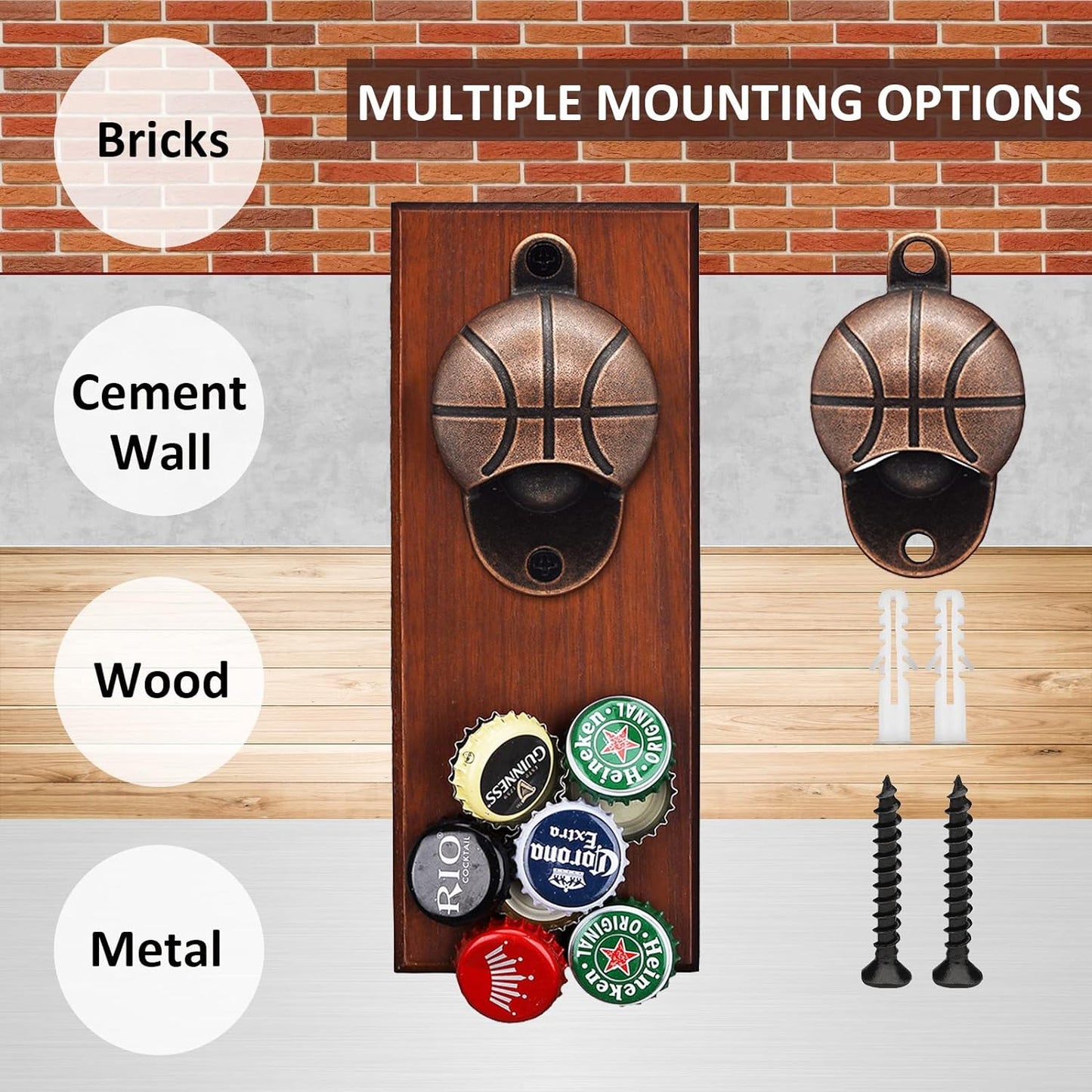 Magnetic Bottle Opener with Auto Catch: Basketball Wall Mounted Wooden Bottle Opener, Unique Beer Gift for Fathers Day Men Dad for Him Boyfriend Husband Grandpa Uncle Birthday Housewarming Presents