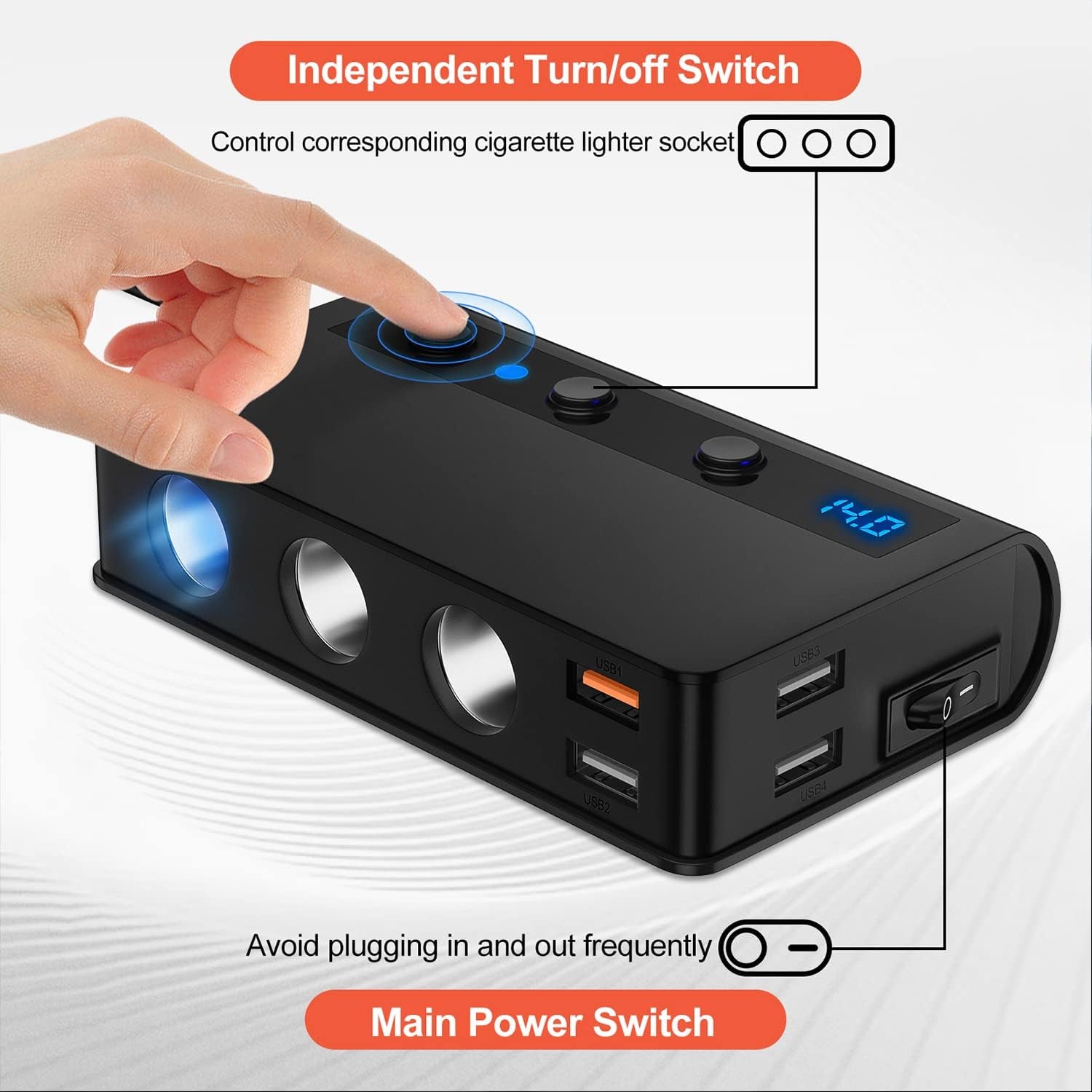 Cigarette Lighter Splitter,  180W QC 3.0 Cigarette Lighter USB Charger Adapter with 3 Sockets 12V/24V Max 6.6A 4-Port Quick Charge USB Outlet, Independent On/Off Switches and Voltage Display