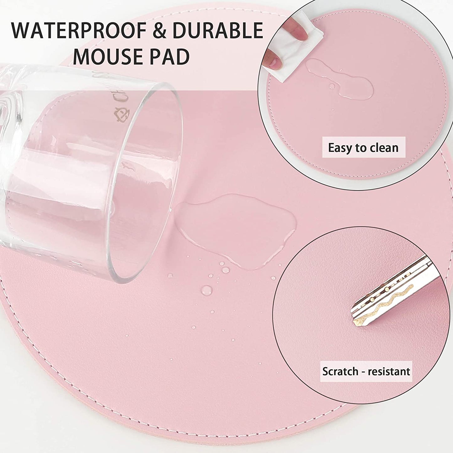 2 Pack Ultra Thin Waterproof PU Leather Mouse Pad,Stitched Edges,Works for Computers, Laptop,All Types of Mouse Pad, Office/Home(8.66'', 2 Pack, Pink)