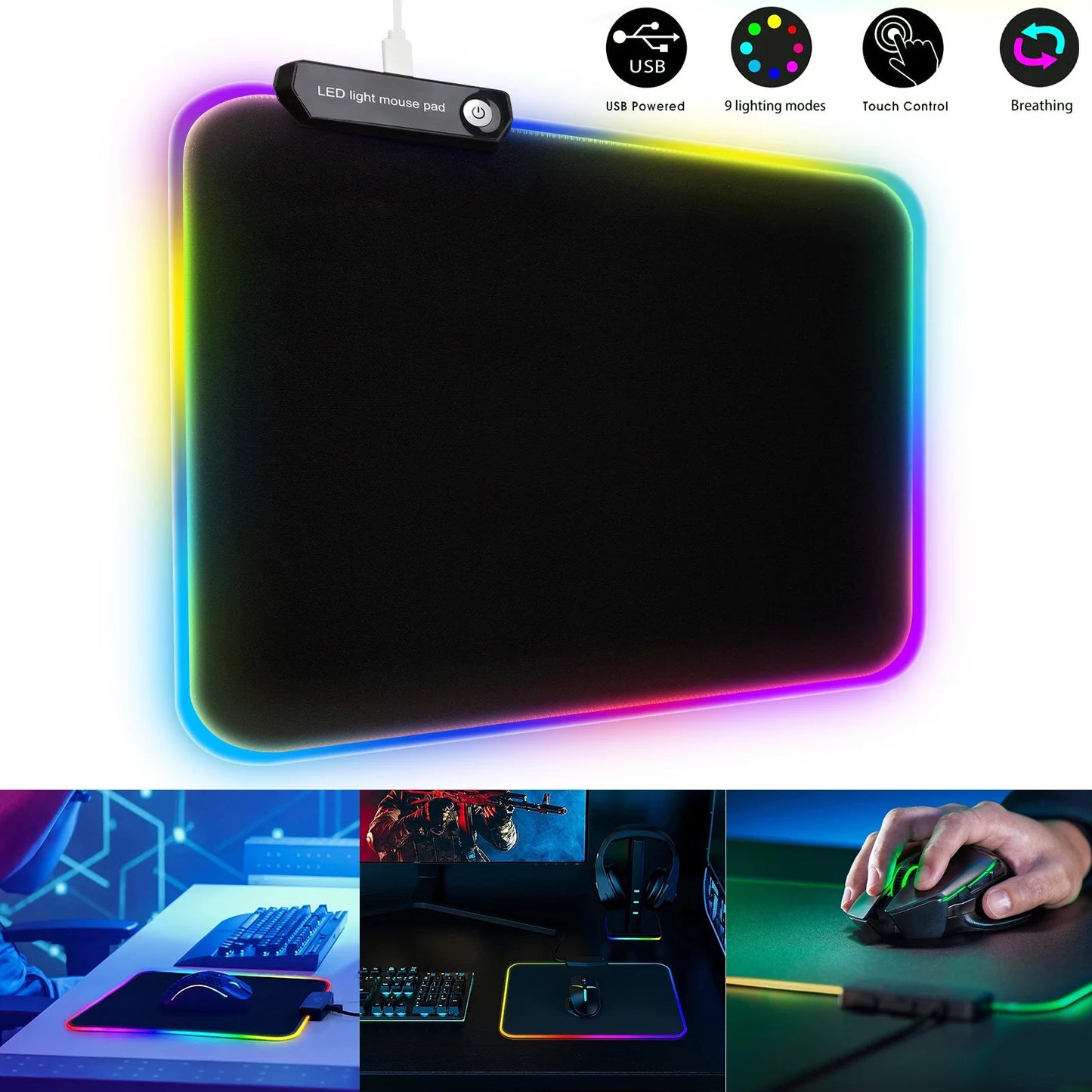 RGB Large Gaming Mouse Pad,  Extended Thick LED Keyboard Pad with 9 Lighting Modes, Anti-Slip Waterproof Oversized Computer Mouse Pad Mat, Xl/9.8X11.8Inch, Black