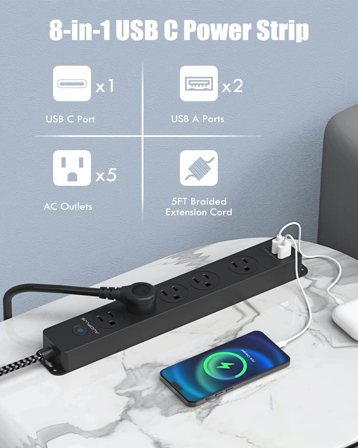 Surge Protector Power Strip with USB C Ports, 5FT Braided Extension Cord, 5 Outlets and 3 USB Ports(1 USB C),  Mountable Power Strips Flat Plug with Overload Protection